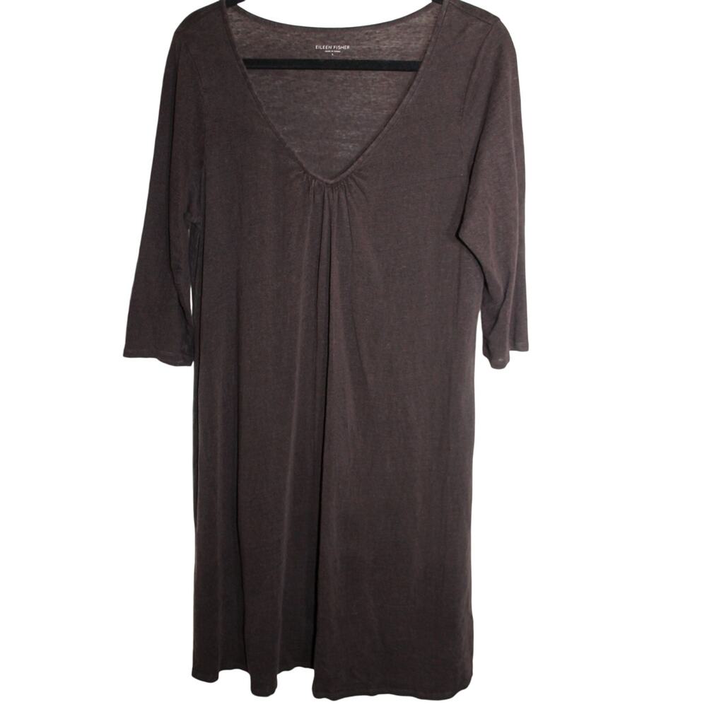 Eileen Fisher Brown 100% Linen V-Neck 3/4 Sleeve Dress sz L